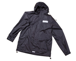 black rain jacket isolated top view, cotton clothes over white background, blue men's jacket