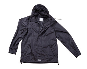 black rain jacket isolated top view, cotton clothes over white background, blue men's jacket