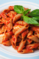 Penne pasta with mozzarella in tomato sauce and Basil close up