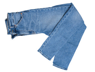 Jeans isolated on white, denim pants isolated, folded blue jeans isolated on white, summer clothes, cloth element mock up