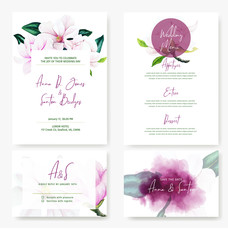 Wedding kit templates, four cards designs with watercolor magnolia flowers