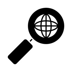 magnifying glass with global sphere icon, silhouette style