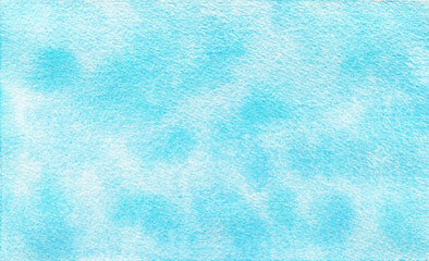 Turquoise blue watercolor background. Hand drawn gradient splash and blurs. Abstract painted template for design with rough paper texture.
