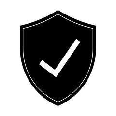 Black shield check mark icon. Check mark on black shield illustration.