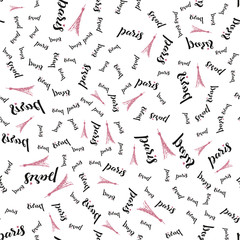Fashion seamless background on white fon with black lettering paris and pink eiffel. for textile fabric fashion templates