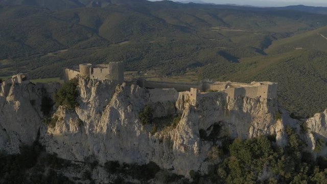 Stunning Chateau De Peyrepertuse, French castle in the sunshine. Aerial perspective