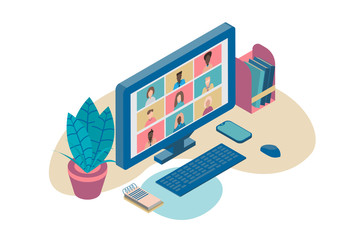 Illustration isometric design concept video conference. online meeting work form home. Vector illustration.