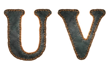 Set of leather letters U, V uppercase. 3D render font with skin texture isolated on white background.