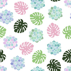 house plants pink purple blue green turquoise pastel succulent top view and monstera pink green leaves tropical summer paradise scandinavian style boho seamless pattern on a white background vector