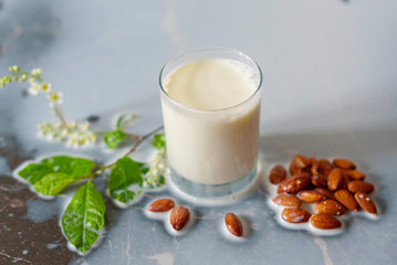 a splash of fresh almond milk in a glass on dark background with white cherry branch