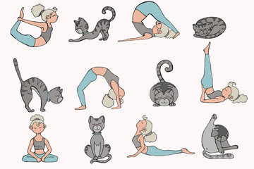Stay home. sports at home. Yoga girl and cat. Asanas