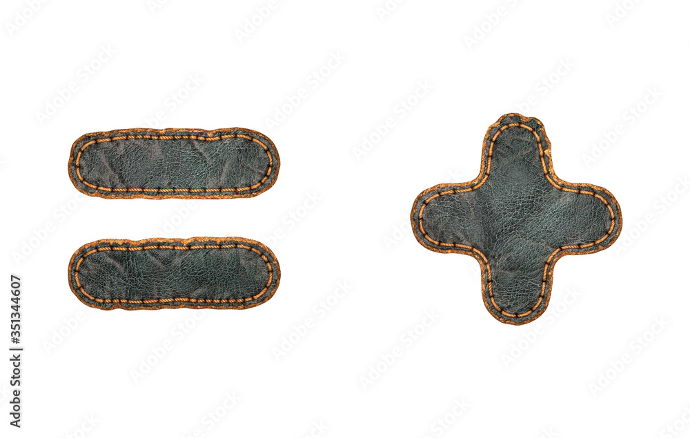 Fototapete set of symbols equals and plus made of leather. 3d render font with skin texture isolated on white b