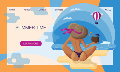 Beautiful woman in hat sits o sandy beach with her back to the viewer with a coconut cocktail. Concept of website, landing page design template