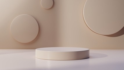 Minimalist brown geometric pedestal for product showcase. Abstract light brown background. Empty mock up template. Cylinder shape. Blank stage. 3d render illustration