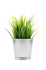 Artificial green grass in galvanize steel pot isolated on white