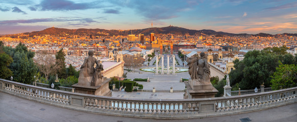 Barcelona - The panorama from the Palace Real with the Plaza Espana at the sunrise.