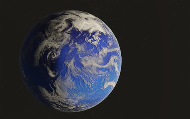 3D rendering of fantastic blue water planet with white atmosphere in outer space. Elements of this image were furnished by NASA.