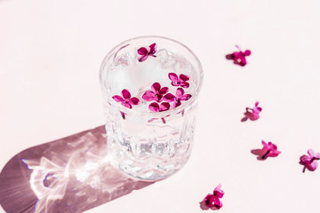 Obraz na płótnie Canvas Beautiful vivid lilac flowers in crystal glass on pink background. 