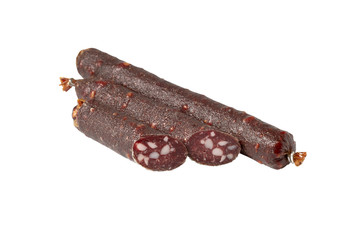 Smoked and air dried sausages, Dry sausage isolated on white background, for catalog, menu