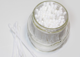 White cotton buds. Cosmetic sticks for cleaning ears.