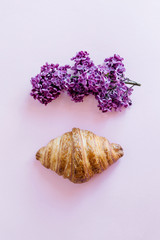 Fresh classic croissant and lilac flowers on pink background. Breakfast food concept. 