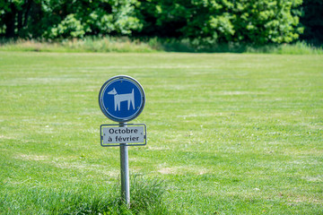 Dog allowance sign. Blue sign of dog allowed: October to February in French at the park.