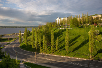 Nizhny Novgorod. Beautiful evening and sunset overlooking Pohvalynsky descent