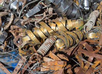  Pile of scrap metal closeup. Landfill of rusty scrap metal, case, wire. Metal texture