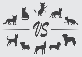 Black silhouette set of different breeds of dogs and cats on transparent background isolated vector illustration