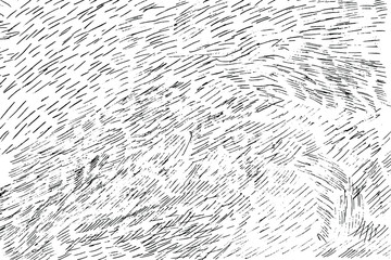 Grunge surface texture with strokes, noise, grain, and dashes that look like lint. Monochrome background of hand-drawn handwriting, strikethrough, and doodles. Vector illustration. Overlay template.