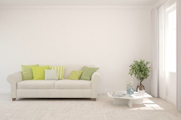 White living room with sofa. Scandinavian interior design. 3D illustration
