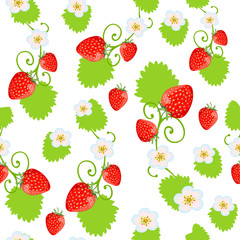 Beautiful strawberry background. Ripe berries of garden strawberries with flowers and leaves on a white background. Vector seamless pattern