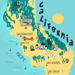 California state funny and colorful hand drawn map with landmarks and biggest cities points lettering. Flat vector illustration.