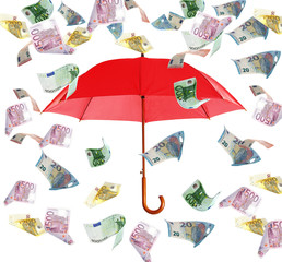 Falling Euro banknotes and red umbrella on white background. Money rain