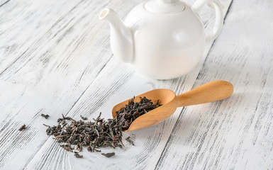 Porcelain teapot with tea