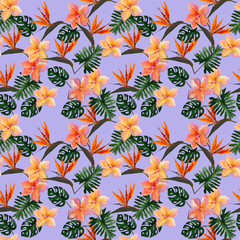 Seamless tropical pattern with plumeria and strelitzia with leaves on lilac background. Seamless pattern with colorful leaves of colocasia, filodendron, monstera. Exotic wallpaper. Hawaiian style. © Olena
