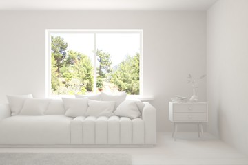 White living room with sofa and summer landscape in window. Scandinavian interior design. 3D illustration