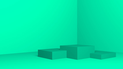 Three pedestals on aquamarine background. 3d render on a green background