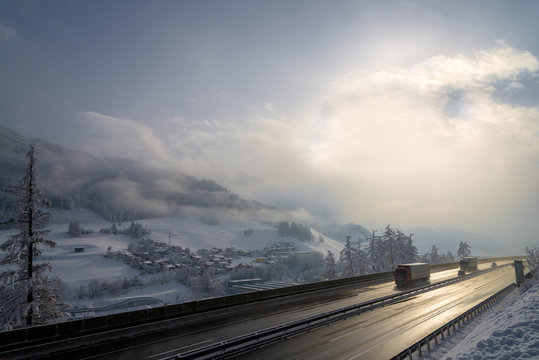 Austria, Tyrol, Wipptal, Brenner Autobahn in winter
