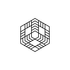 Striped hexagon in black and white, monochrome isometric cube