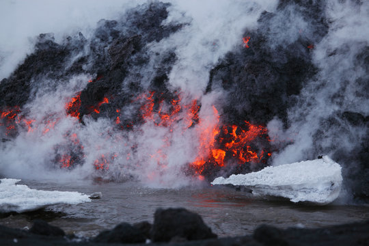 Iceland, View of lava erupting from Eyjafjallajokull Fimmforduhals, 2010