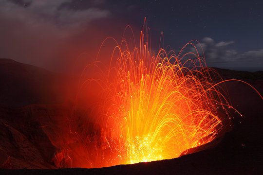 Vanuatu, Tanna Island, View of lava erupting at Yasur volcano