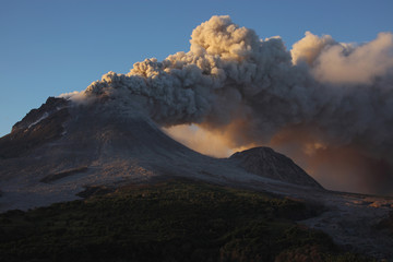 Montserrat, Caribbean, Ash erupting from soufriere hills volcano