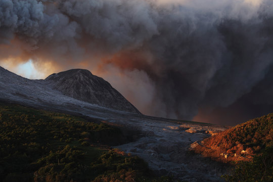 Montserrat, Caribbean, Ash erupting from soufriere hills volcano