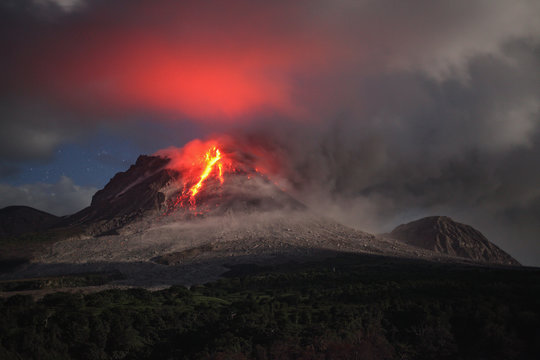 Montserrat, Caribbean, Lava flowing from soufriere hills volcano
