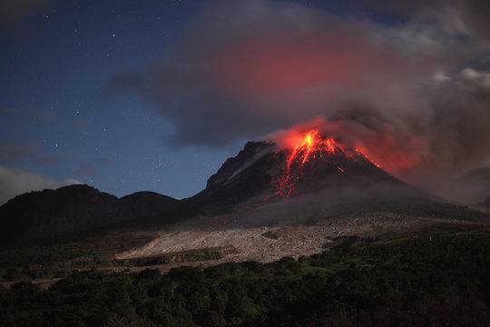 Montserrat, Caribbean, Lava flowing from soufriere hills volcano
