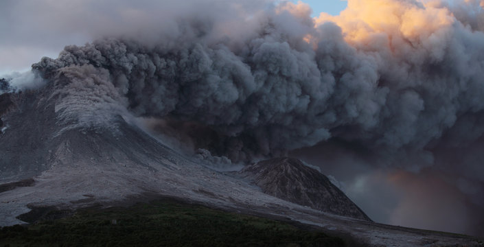 Montserrat, Caribbean, Ash erupting from soufriere hills volcano