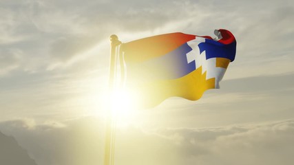 Flag of Nagorno Karabakh Waving in the wind, Sky and Sun Background, Slow Motion, Realistic Animation, 4K UHD 60 FPS Slow-Motion