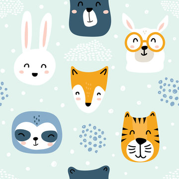 Cute childish animal character face illustrations - seamless pattern design with llama, sloth, tiger, fox, bear, and bunny