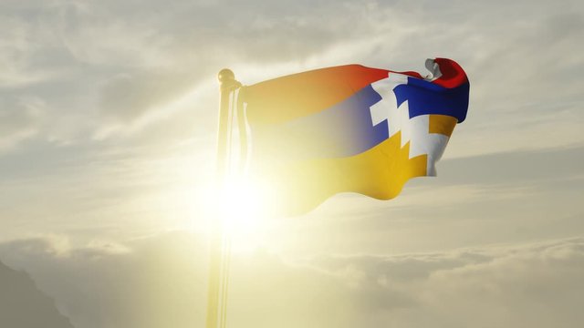 Flag of Nagorno Karabakh Waving in the wind, Sky and Sun Background, Slow Motion, Realistic Animation, 4K UHD 60 FPS Slow-Motion